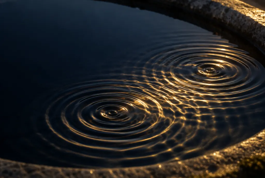 Ripples spreading across dark water in a stone basin