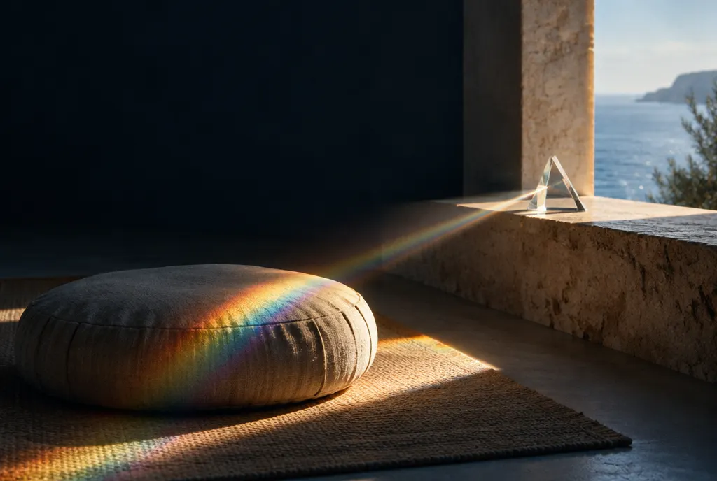 A meditation cushion crossed by a band of rainbow light