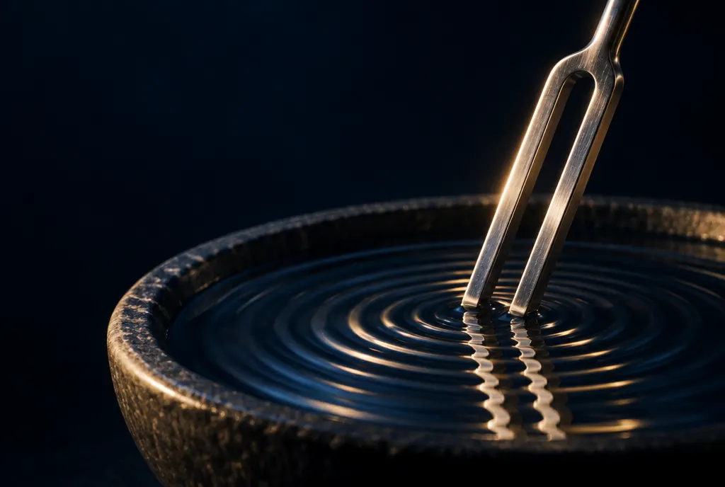 A tuning fork touching water in a stone bowl