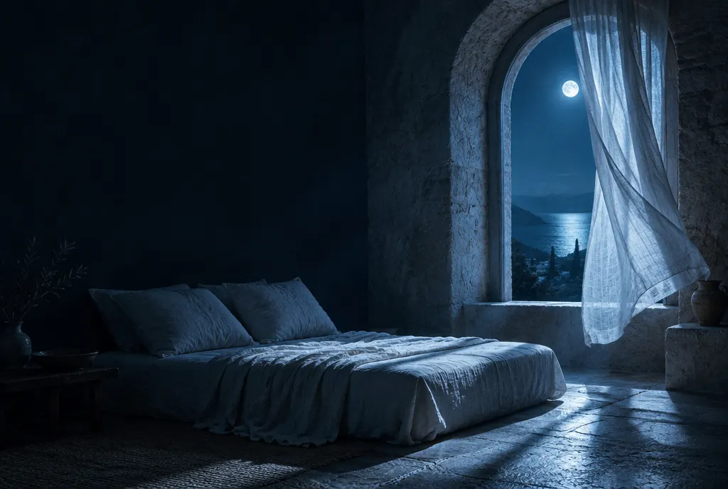 A moonlit bed beside an open arched window