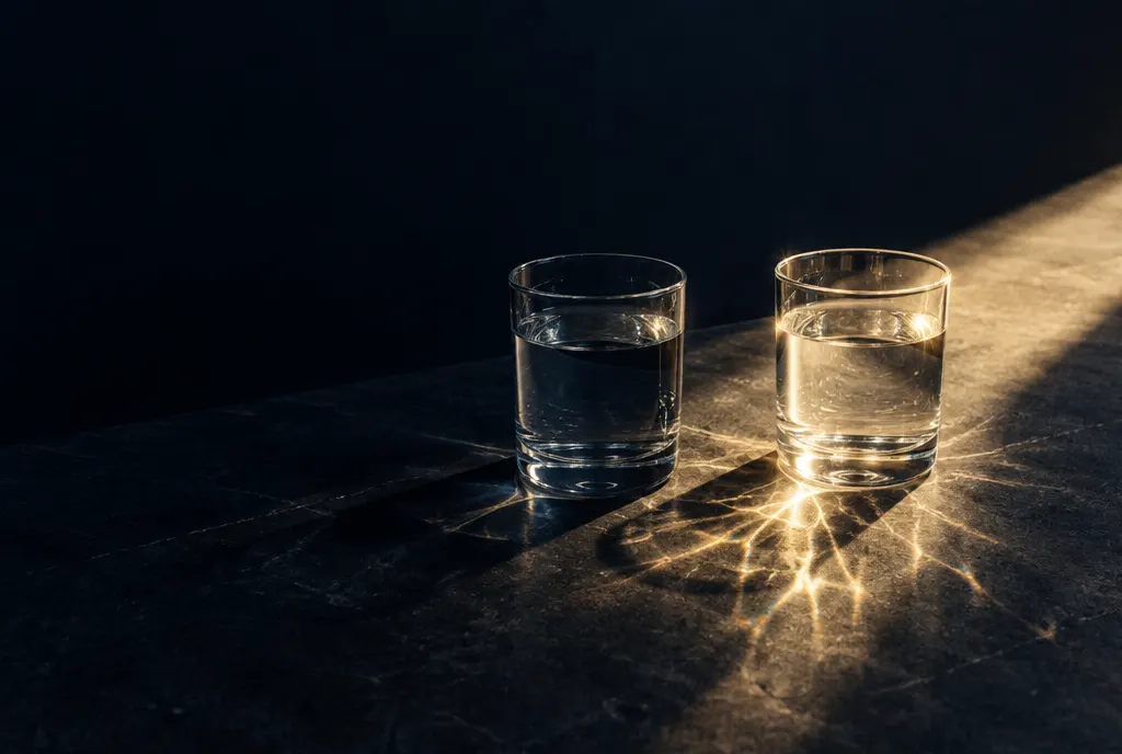 Two glasses of water on a dark table in slanting light