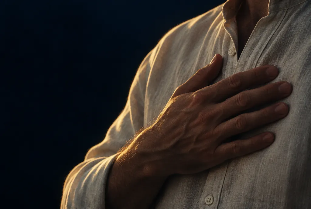 A hand resting on a linen shirt over the chest
