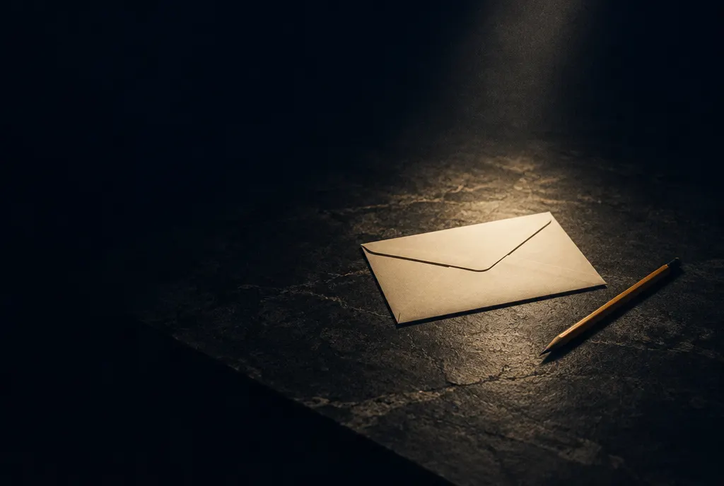 A sealed envelope and a pencil on a dark table