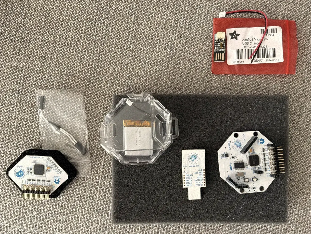 The EEG kit laid out: two circuit boards, radio dongle, battery in a clear case and a USB charger